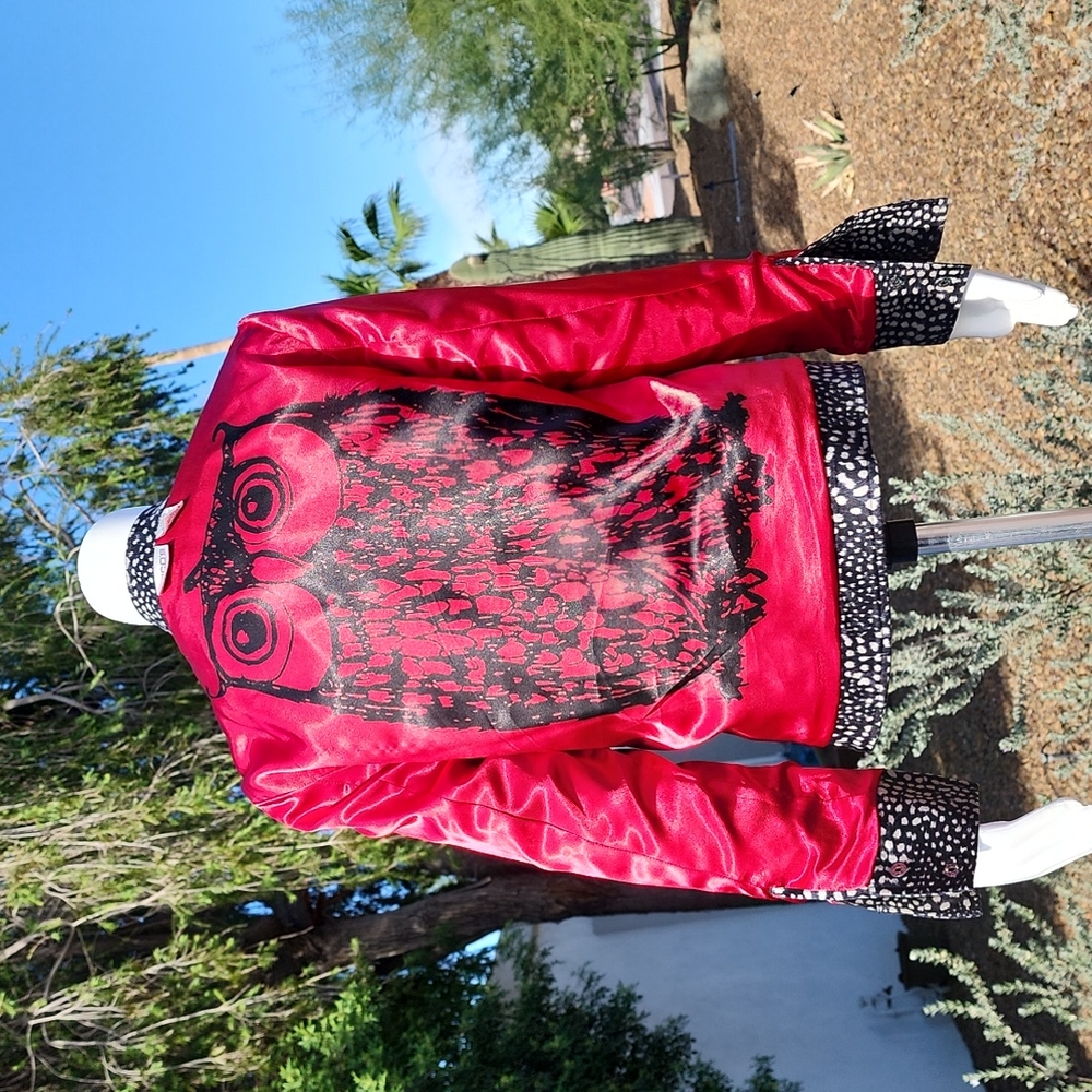 CHICOS Red Owl Lined Moto Jacket 0 Small Wearable Art Statement Zip Work Office - Picture 2 of 16